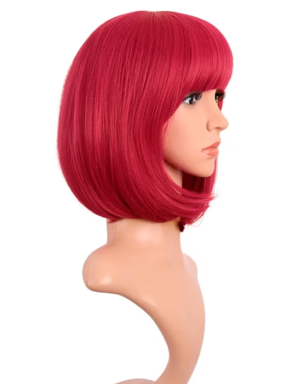 12 Inch Lady Short Straight Flat Bangs Bob Bright Red Wig For Cosplay